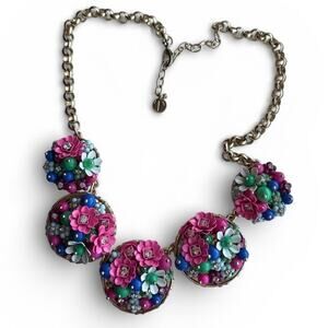 Talbots Gold Tone Floral Statement Necklace Beaded Rhinestone Gaudy Loud